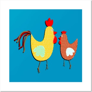 Funny Couple Rooster and Chicken Decorative Art Primitive Bird Character Posters and Art